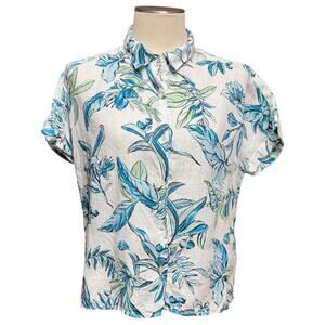 Tahari 100% Linen Short Sleeve Button Up Top Blouse White Blue Large